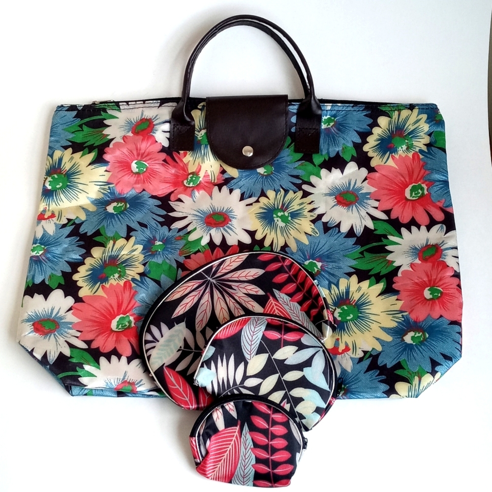 Travel Foldable Floral Vinyl Tote Bag with 3 Matching Pouches